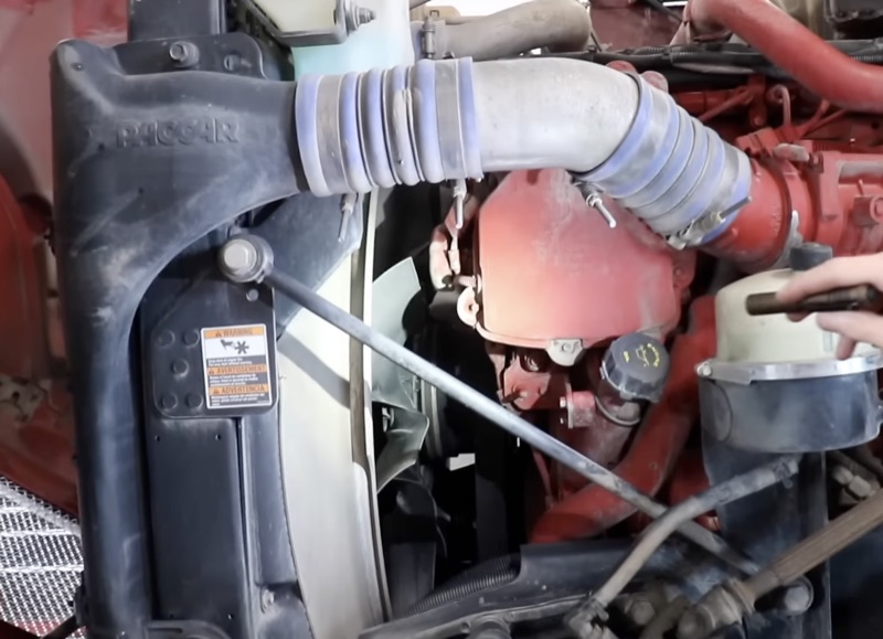 Close-up of a diesel engine during semi truck repair service